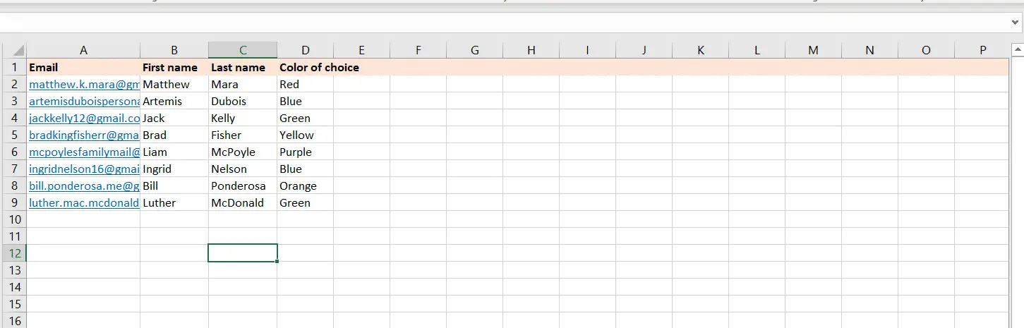 list of names and emails in a spreadsheet