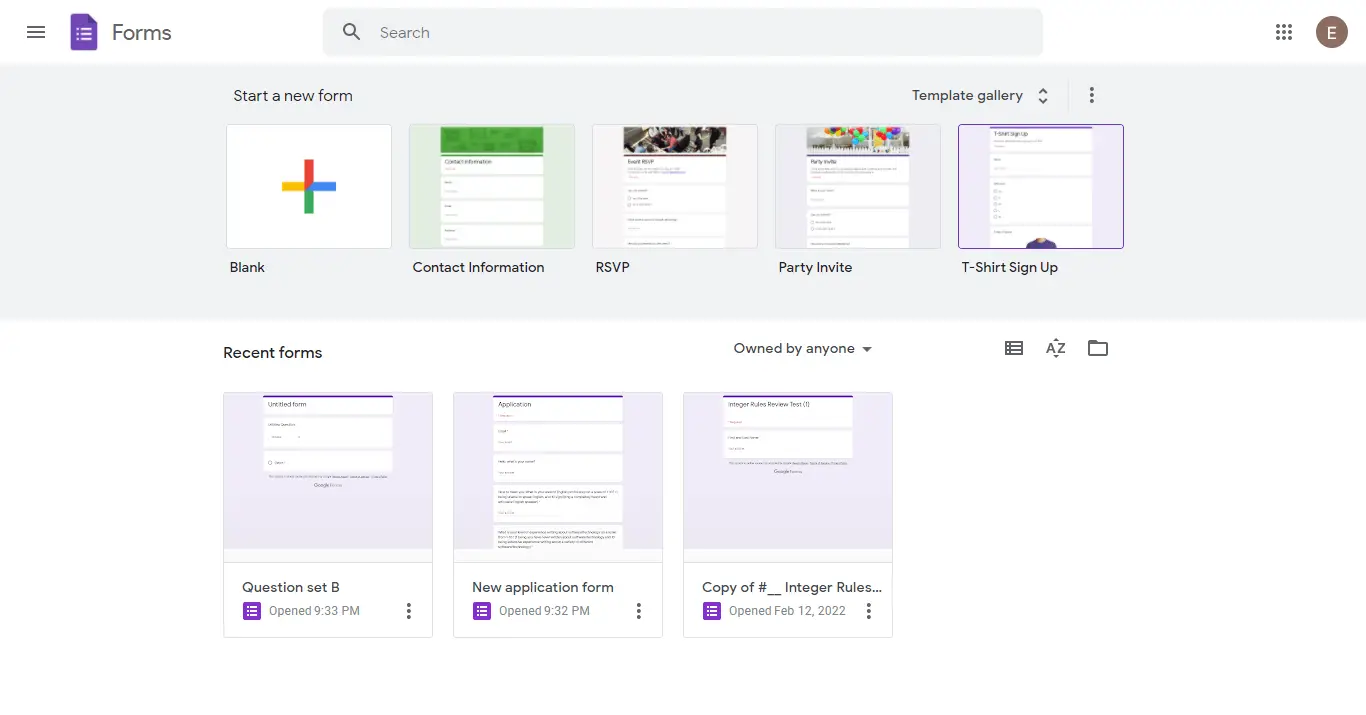 Google Forms main Dashboard