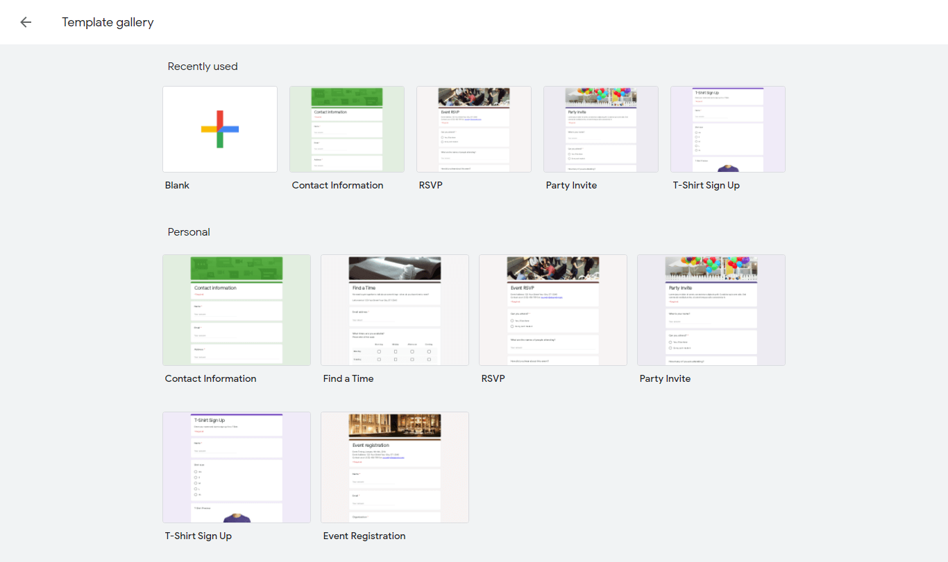 list of Google Forms Templates