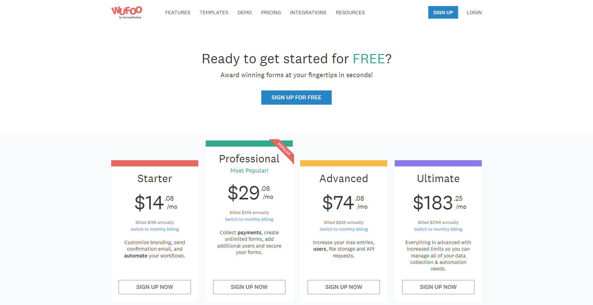 Wufoo Pricing Page