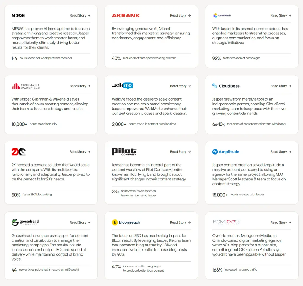 customer stories jasper ai webpage screenshot