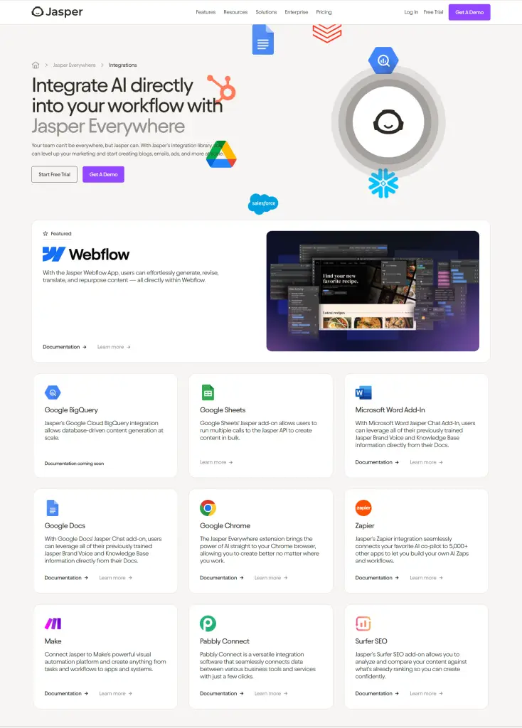 jasper integrations webpage screenshot