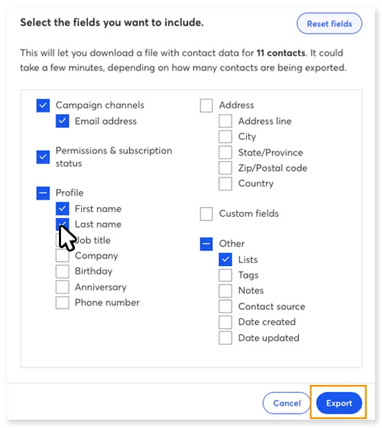 selecting fields on constant contact before export