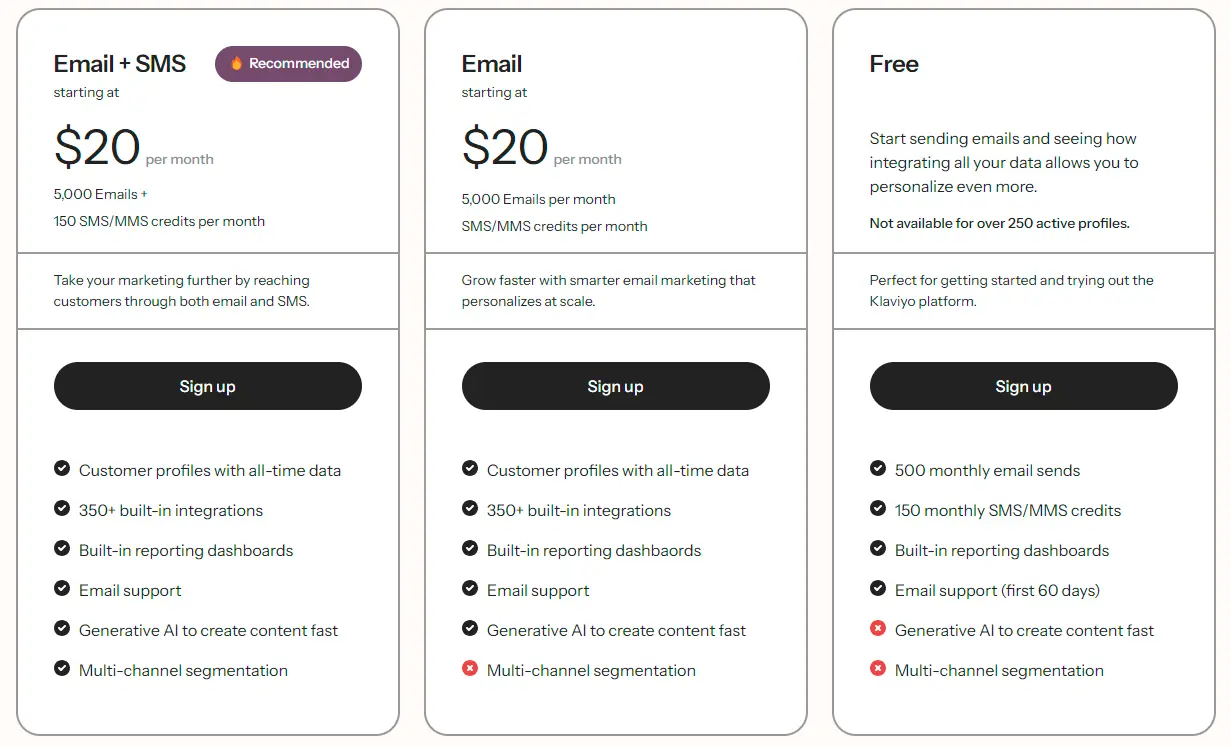 Klaviyo pricing page screenshot