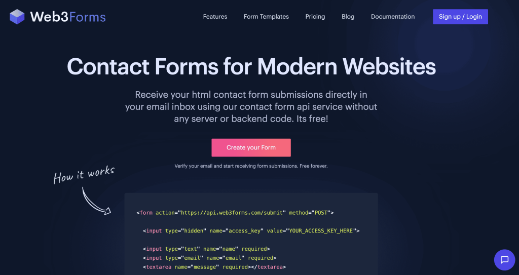 web3forms.com homepage